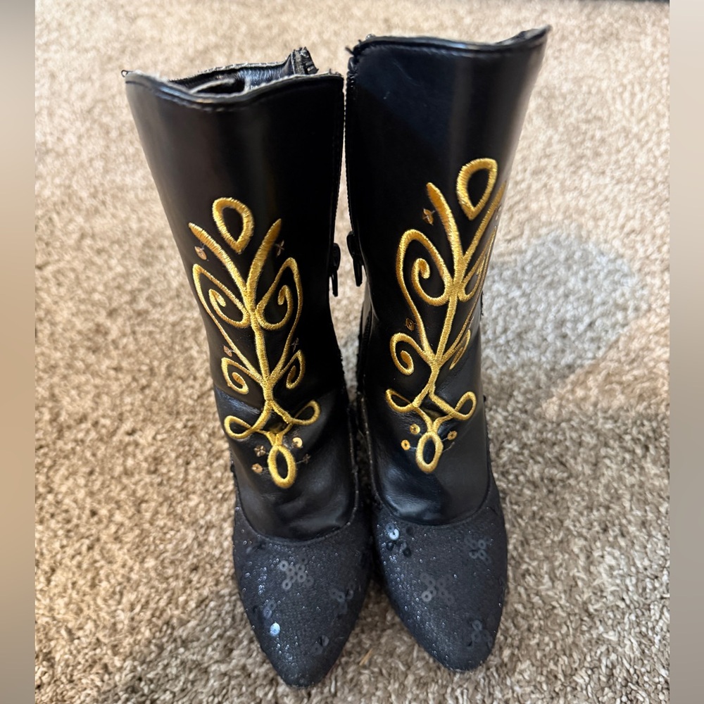 Disney Frozen inspired Black Heeled Boots with Gold Embroidery